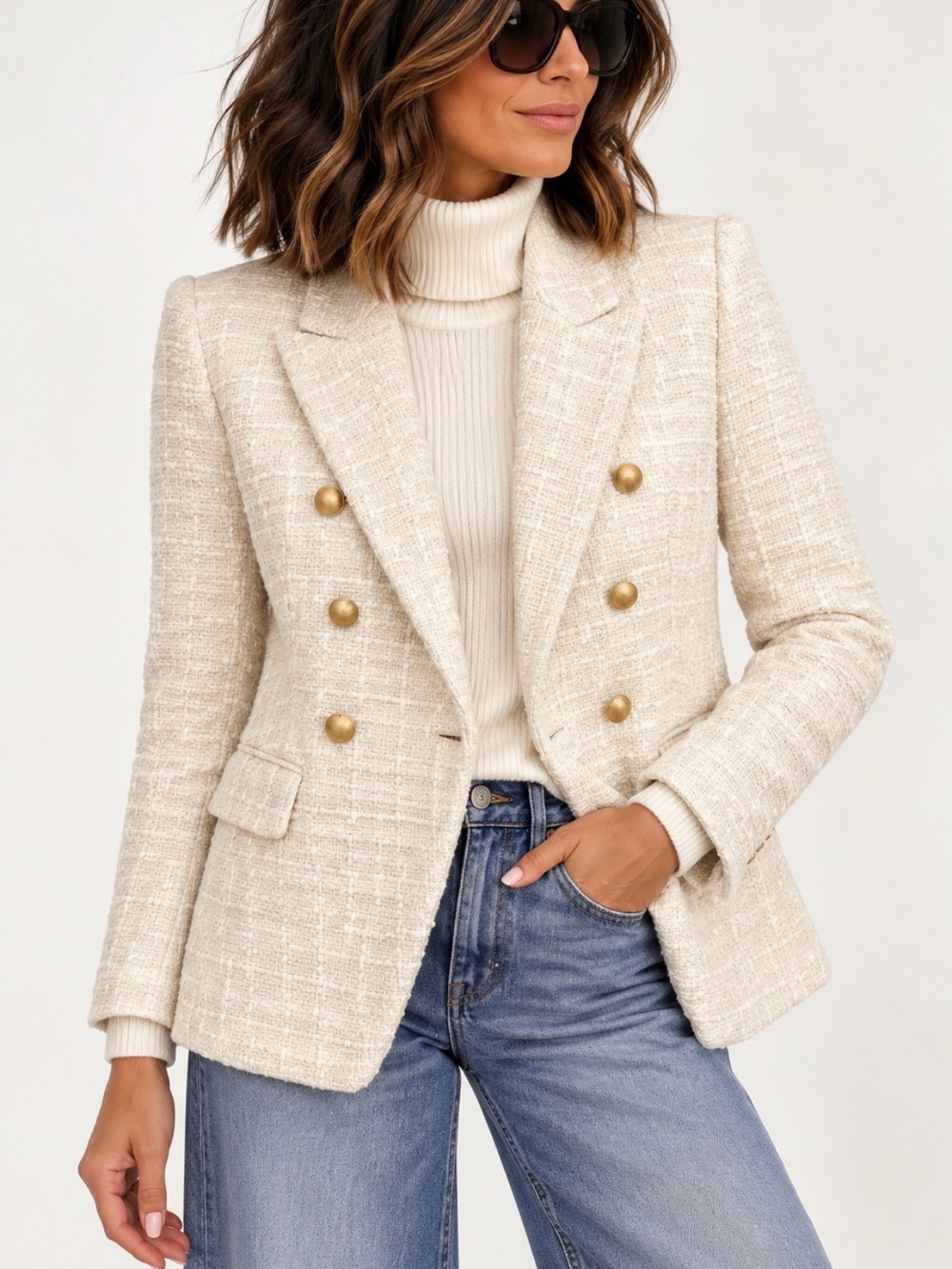 Express Cream Tweed Double-Breasted Blazer with Gold Buttons - Picture 4 of 9